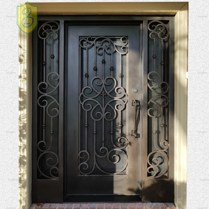 House Main Entry Door Exterior Rustic Arch Decorative Double Wrought Iron China Steel Security Doors Swing Glass Apartment