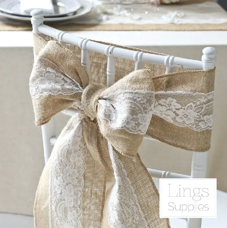 
Wholesale Good Quality Jute Rustic Vintage Hessian Burlap Lace Chair Sashes Bows For Wedding 