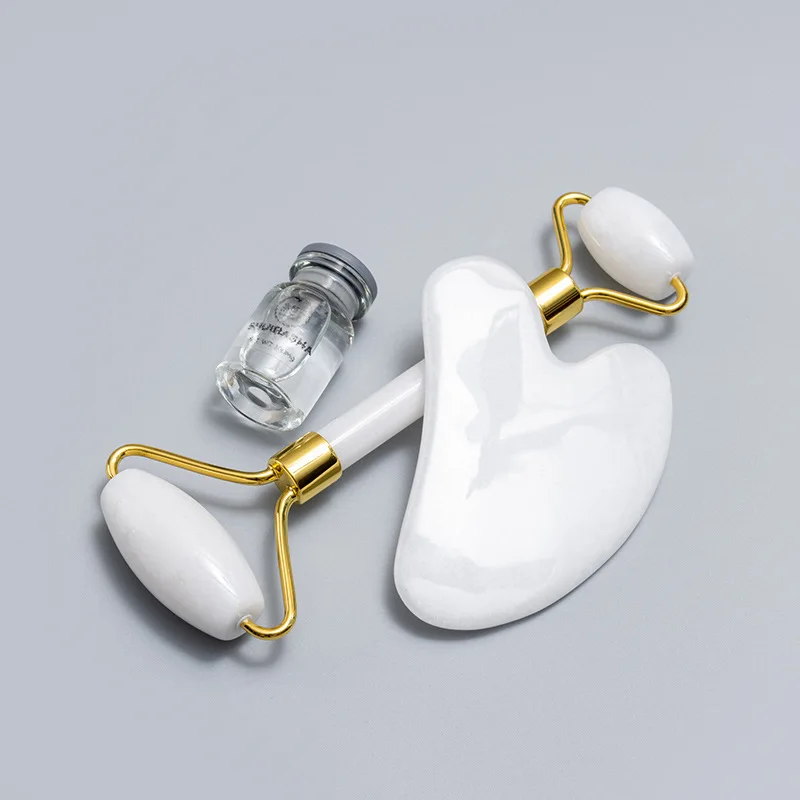 
White Jade Roller Noiseless, Rose Gold Metal Frame Jade Face Roller Facial Tool Massage Body Stone Massager 