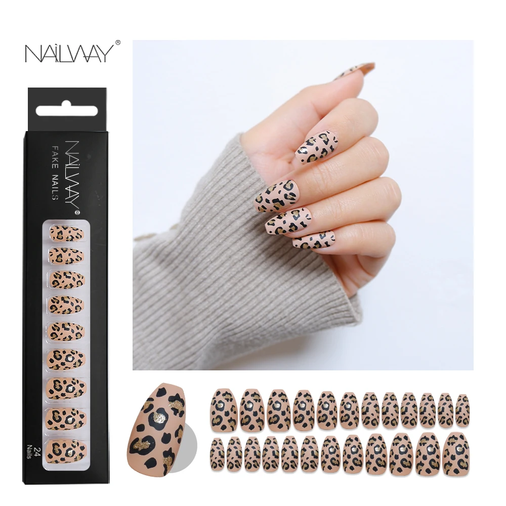 2021 New Styles Full Coverage Designer Artificial Fingernails Golden Glitter Polished False Nails