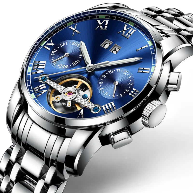 
Swiss mens watches business automatic skeleton tourbillon stainless steel relojes 