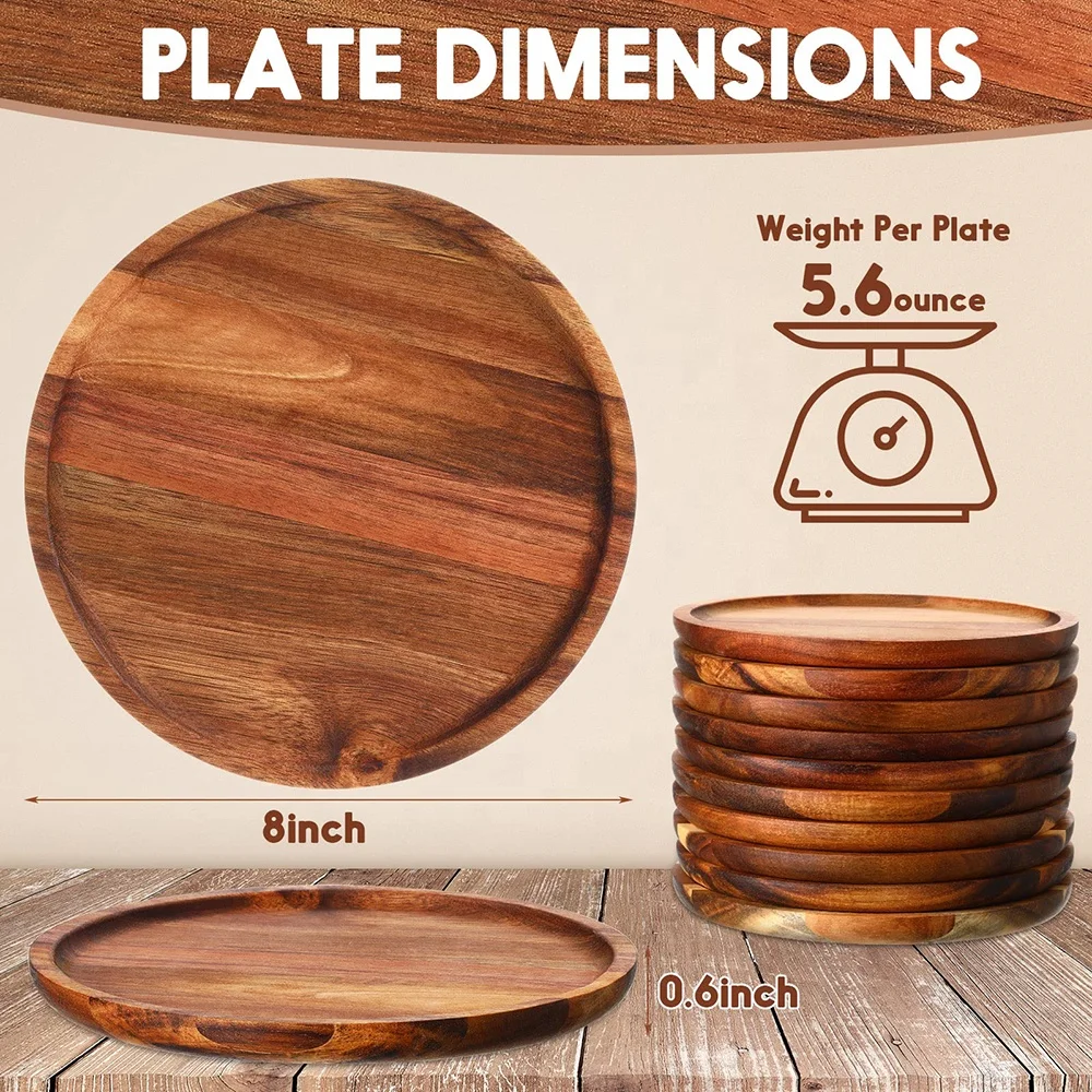 Wholesale custom table dinner food wood tray pan acacia wood dishes & plated 8 inch round wooden charger plates