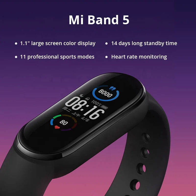 
Original Xiaomi Mi Band 5 Global Version 9 Languages Smart Miband Screen Bracelet Heart Rate Fitness Sport Wristband 