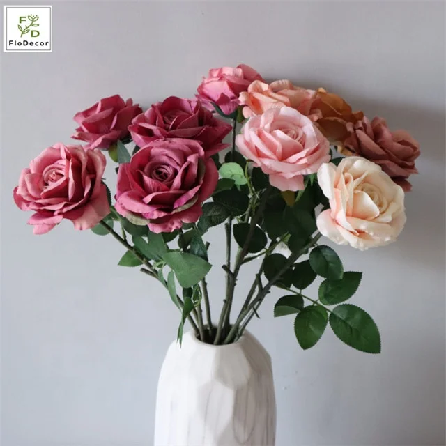 2024 Autumn Wholesale Hot Sale Single Stem Artificial Silk Dusty Pink Rose Flowers Burnt Orange For Wedding Decoration