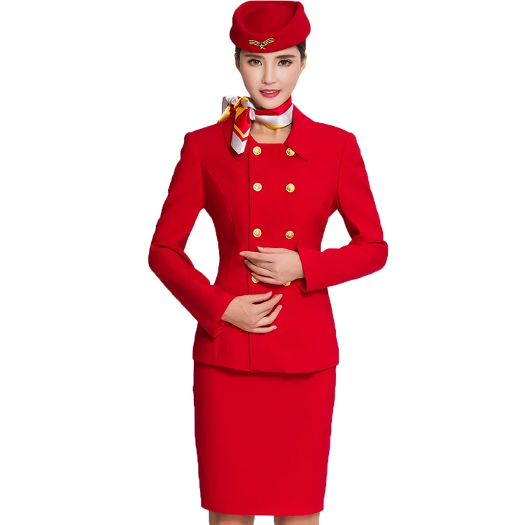 Custom Best Quality Cabin Crew Uniform Red Flight Attendant Uniform Suits Stewardess Uniforms
