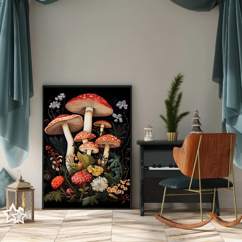 Dark Fantasy Nature Wall Decor Preppy Botanical Mushroom Poster Framed in Art Deco Style for Whimsical Dormitory Home Decor