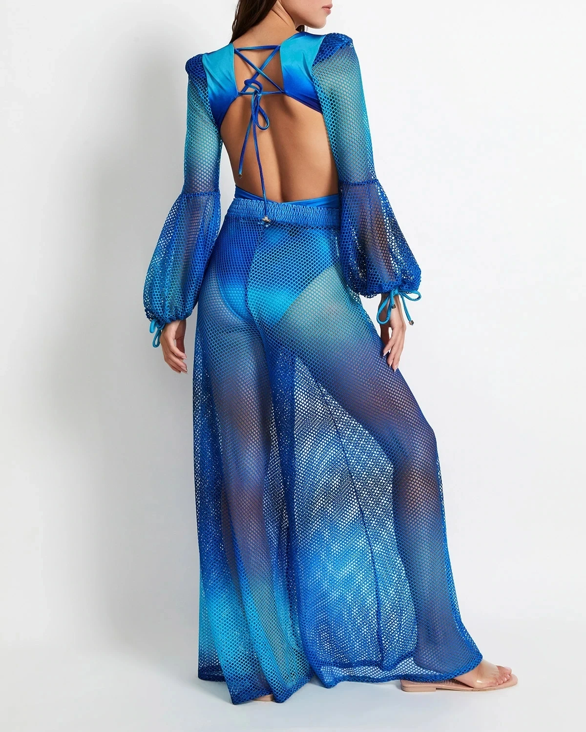 2022 New Women Deep V Netted Lantern Long Sleeve Ombre One Piece Swimsuit and Pants Backless Swimwear Mesh Pants Beachwear OEM