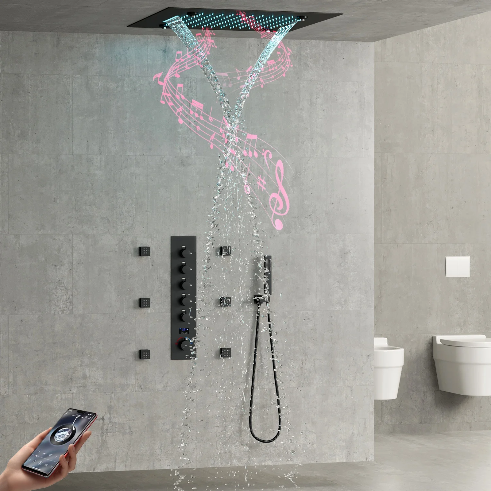 LED Music Shower System Set 500*500mm Multi Functions Ceiling LED Shower Head Cold and Hot Digital Display Shower Mixer Valve