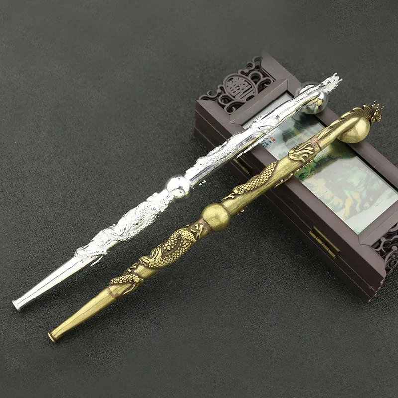 Antique crafts lengthened brass Shuanglong Pearl smoking set silver-plated pipe crafts ornaments