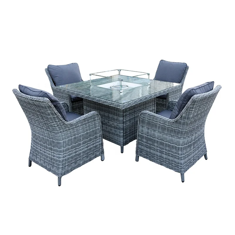 Luxury Wicker Rattan Patio Garden Furniture Set Outdoor 6 Seat Dining Set With Round Fire pit Table With Glass Top With Cushion