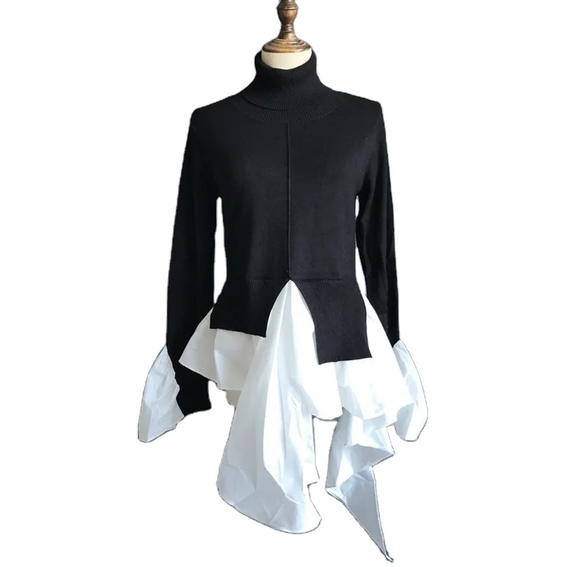 
ONEINALL Turtleneck Long Sleeve Hit Color Irregular Hem Sweaters Female 2021 Clothing 