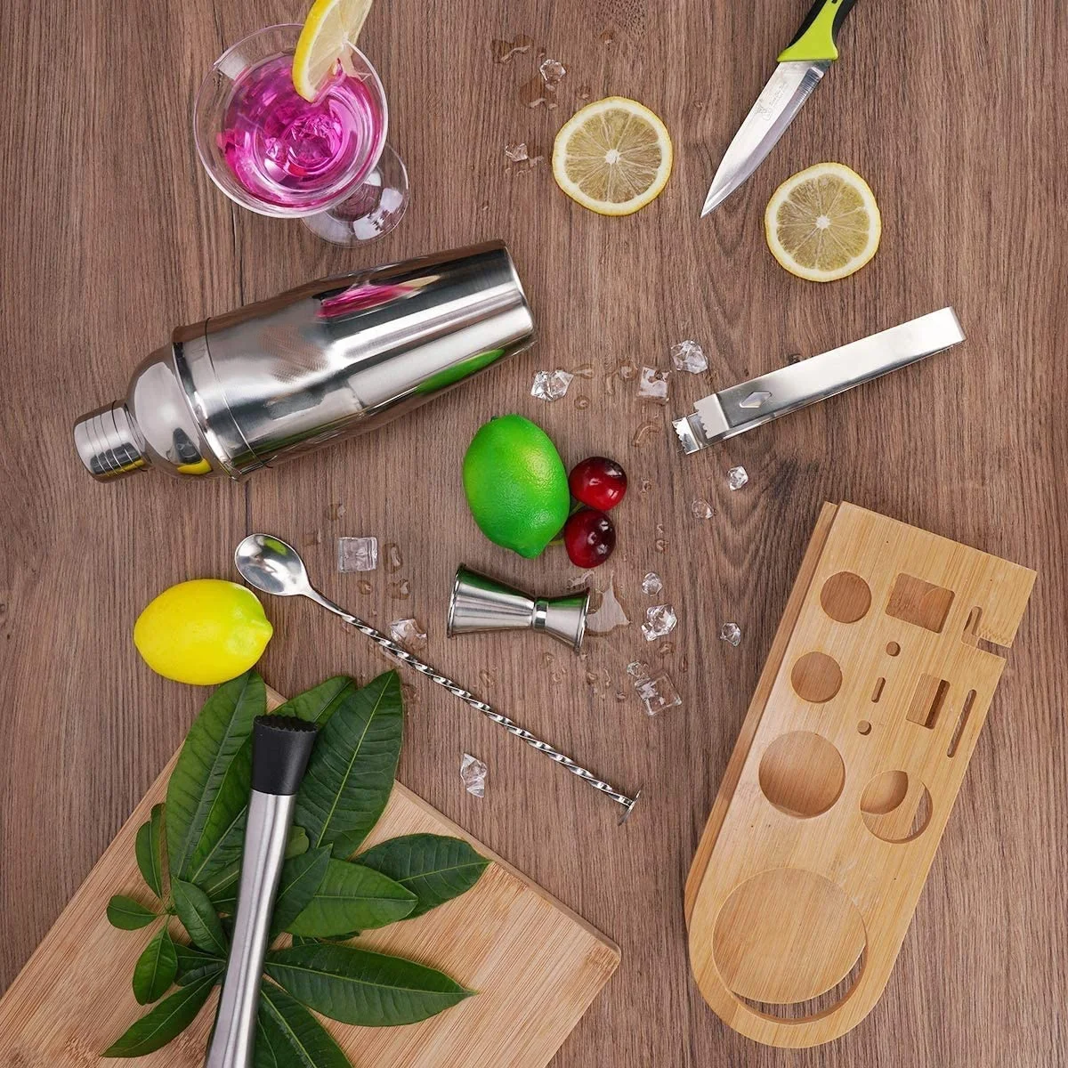 Camol Factory Bar Tools Shaker Bar Tools Set Factory Direct 15 Pieces Steel with Bamboo Wood Stand Bartender Cocktail Shaker