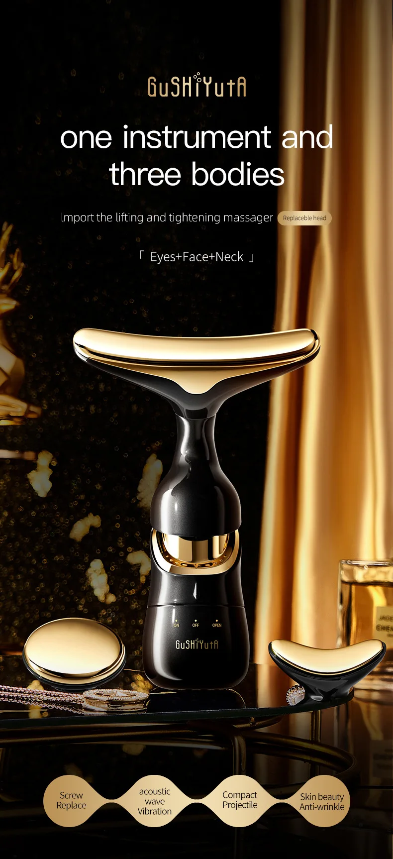 3 in 1 Gold Black Home Use Skin Rejuvenation Anti-Aging Device Facial Eye Massage Introducer Face & Neck Lifting Massager