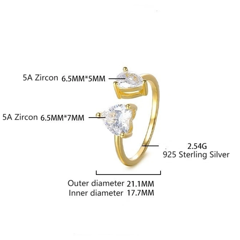 Melynn heart and water drop 5a cubic zirconia ring daity 925 sterling silver rings 18k gold plated adjustable rings women