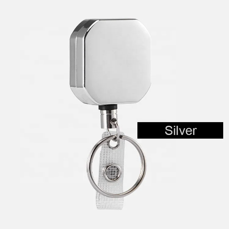 Heavy Duty Square Metal Retractable Badge Reel Metallic Pull Wire Cable Keychain Reel for ID Badge Card Holding