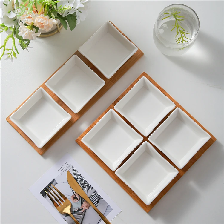 Japanese style restaurant serving snack dish white color ceramic soy sauce dishes with bamboo tray