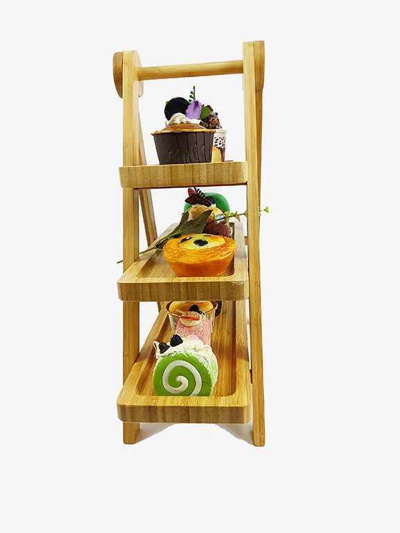Customized Farmhouse Cake Ladder Tray 3 Tier Serving Tray Stand Restaurant Wood Plate Foldable Bamboo Kitchen Accessories Passed
