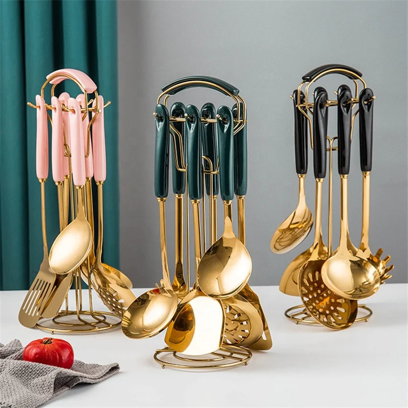 Stainless steel kitchen accessories cooking tools set of 7 PCS gold kitchen utensils rotating holder spatula soup ladle slotted