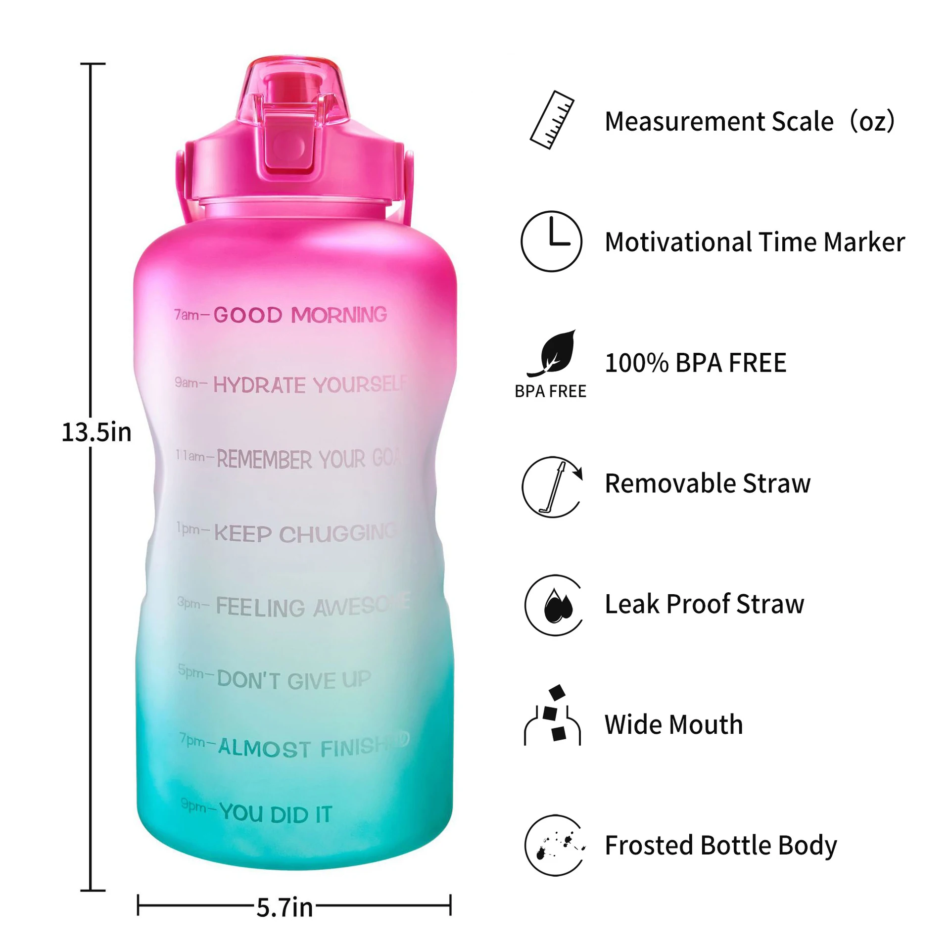 1 Gallon/128oz Large Motivational BPA Free Sport GYM Plastic Water Bottle with Time Marker & Straw