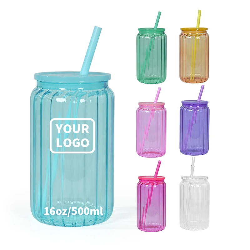 16oz Striped cup jelly color Suitable for cold drinks Can Jar Glass Sublimation Tumbler with Straw Colorful