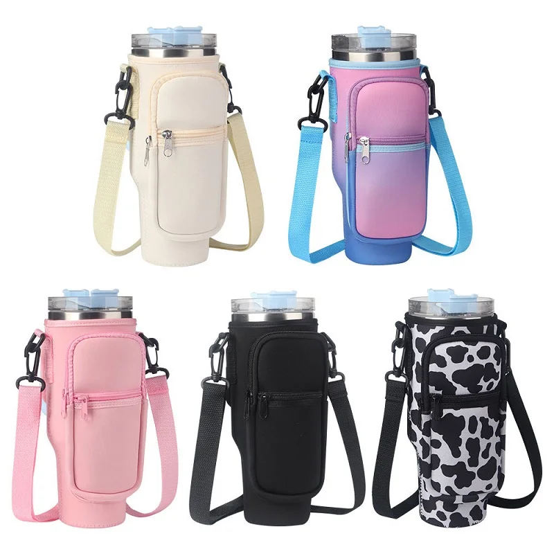 Custom logo neoprene 40oz water bottle carrier sleeve pouch tumbler cup holder sling bag with phone zipper pocket shoulder strap