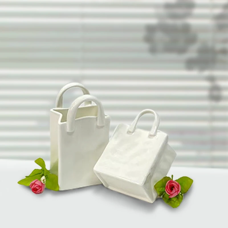 ZC Modern bone China decorative flower utenser Desktop Makeup brush pen container organizer creative white handbag vase