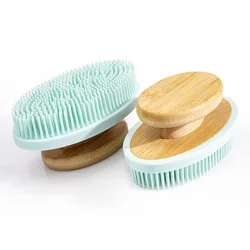 Private logo Bamboo Silicone Body head shampoo Scrubber Brush Shower Brush for Sensitive Skin of Man Woman Kids