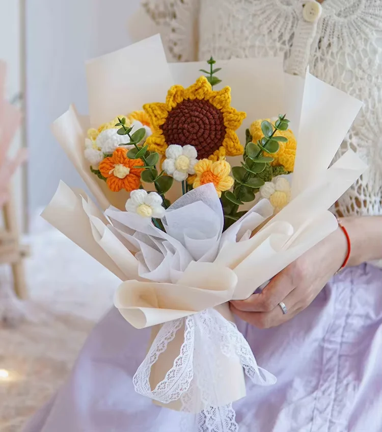 Wholesale Artificial Knitting Sunflower Rose Daisy Crochet Flowers Bouquet Kit, Knitted Crochet Flowers Bouquet Gift