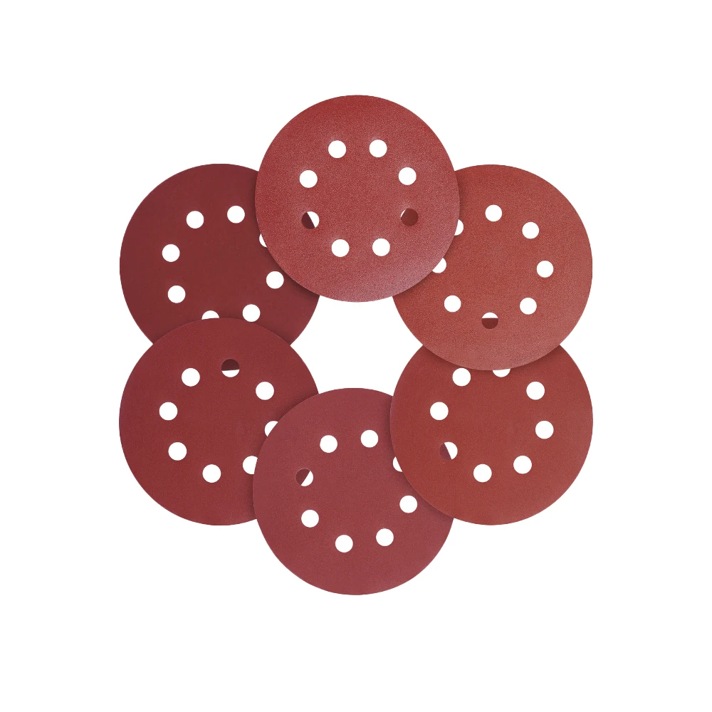 Hot sale 5 inches with 8 Holes all grit red  alumina abrasive tools hook and loop sanding paper disc for metal