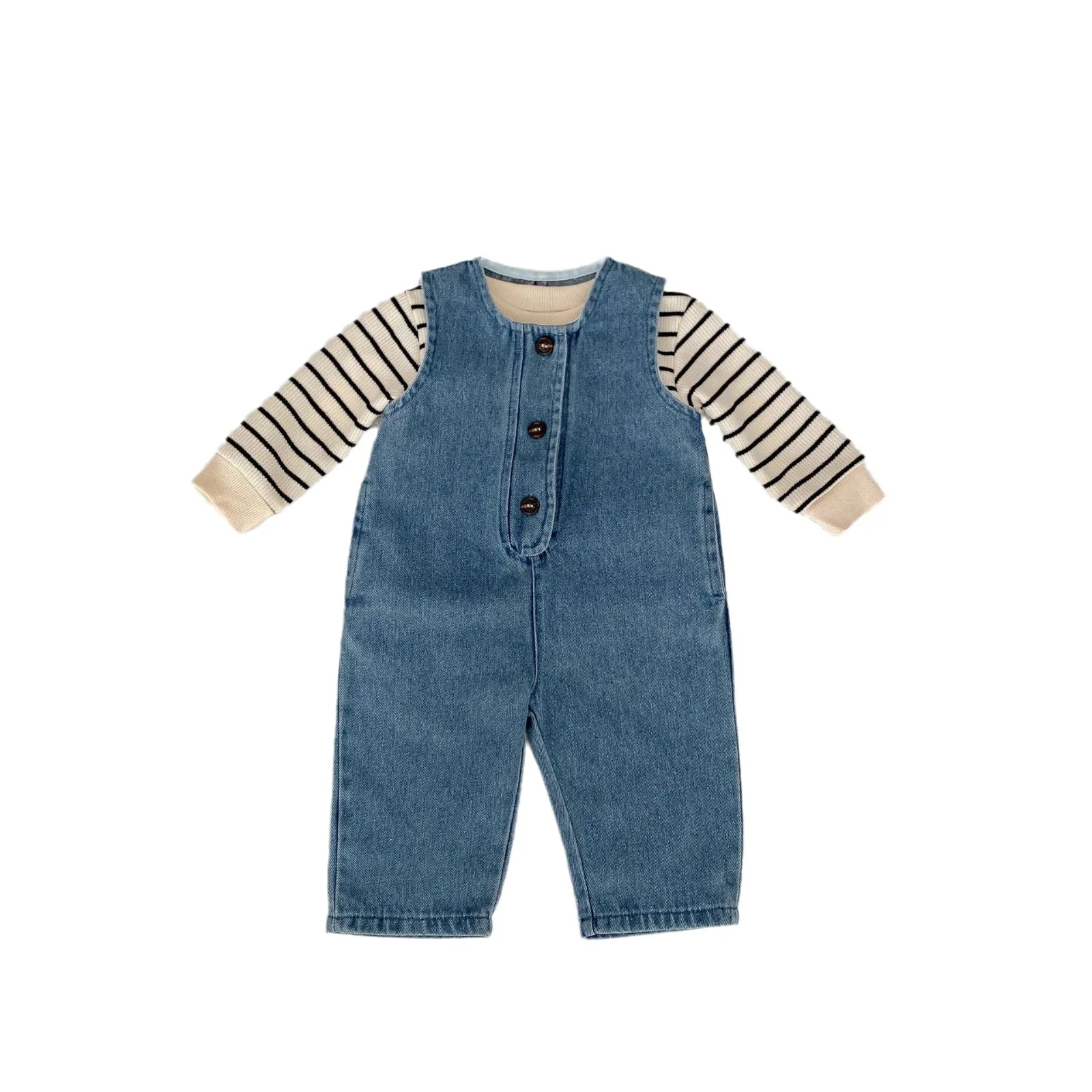 Spring and Autumn Infant Treasure Clothes  Striped Top + Denim Jumpsuit Baby Jeans Set