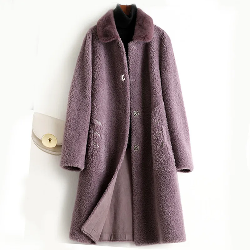 A50017 Pudi women real wool fur coat jacket trench winter warm female sheep shearing over size parka with real mink fur collar