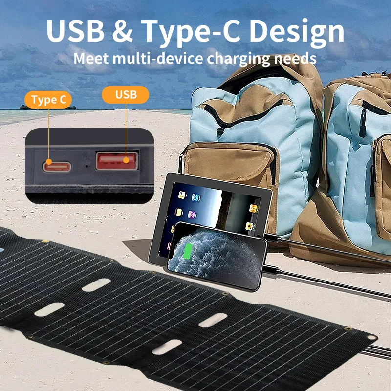 Solar USB+Type-C Charger Fast Charging 21W Mono foldable solar panel High Efficiency Cells for Mobile Phone Laptop