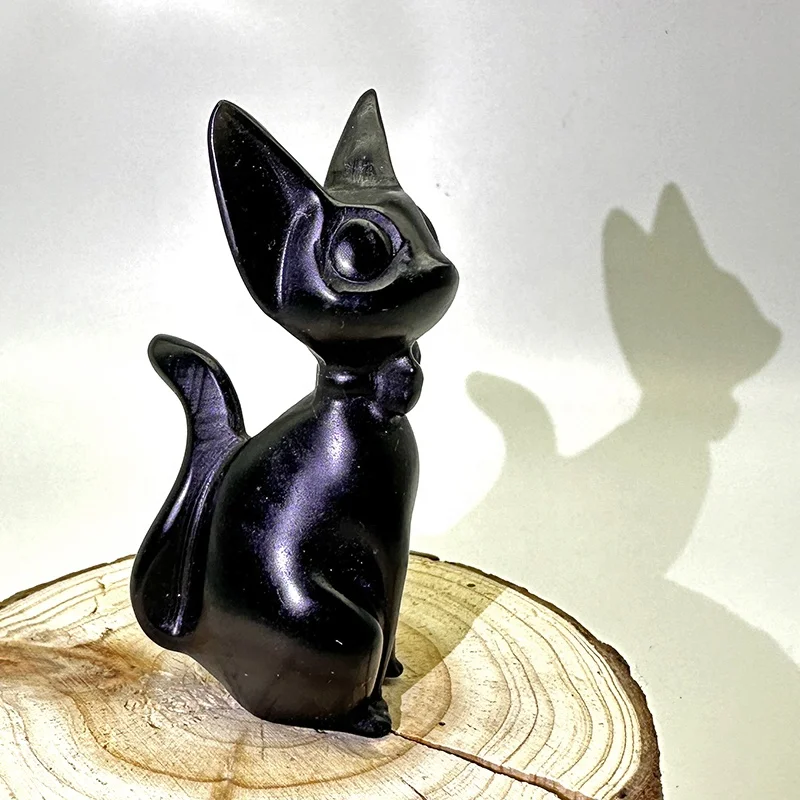 Jiji Healing Obsidian Cats Hand Carved Crystal Bulk Wholesale Natural Black Gemstone Europe Feng Shui New Year Figurine Letters