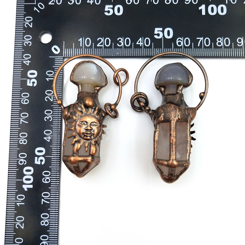 Wholesale Natural Crystal Bullet Point Shape  Pendant Pink Rose Quartz Connector Bronze Sun Charms DIY Winter Season Necklace