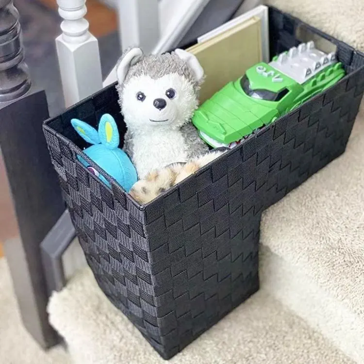 Household black daily mess sundries neatening storage handwoven PE fabric nylon woven strap stair step organizer basket