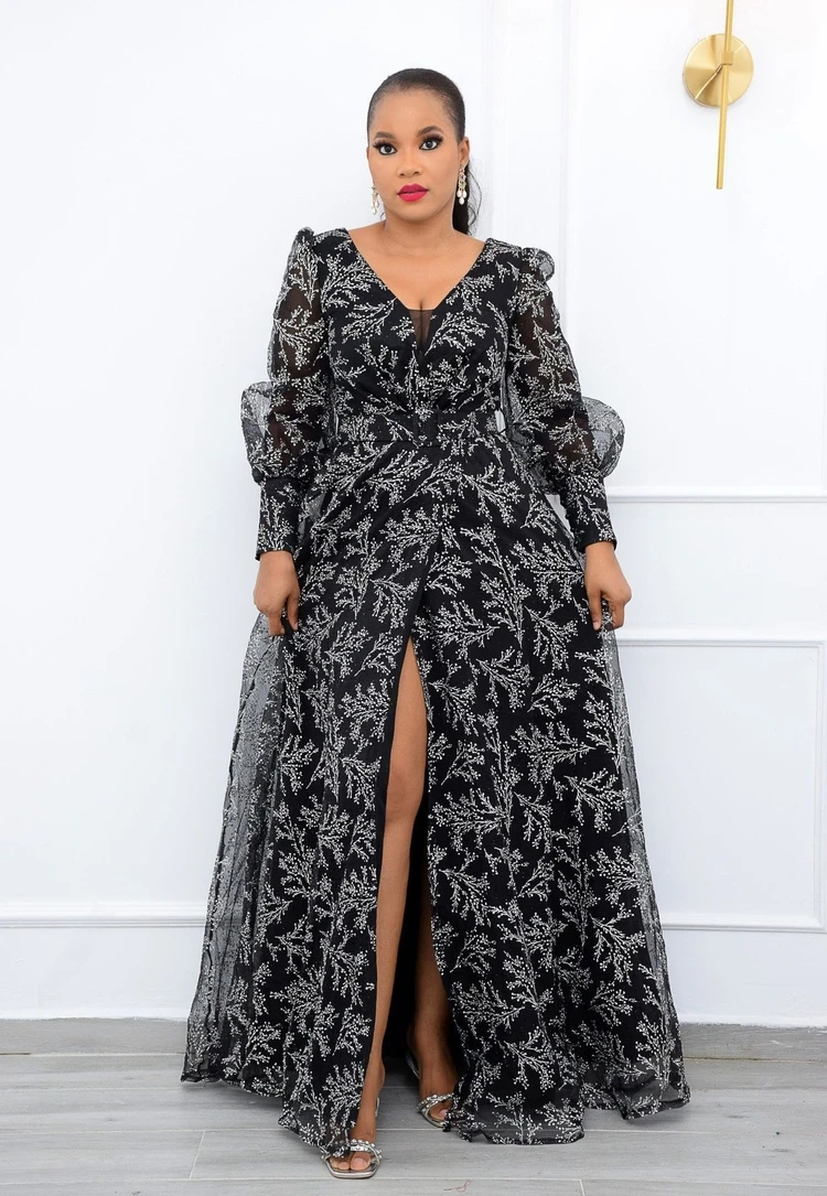 Wholesale plus size printed plus size women temperament commuter mesh sleeve high waist long skirt chiffon dress with belt