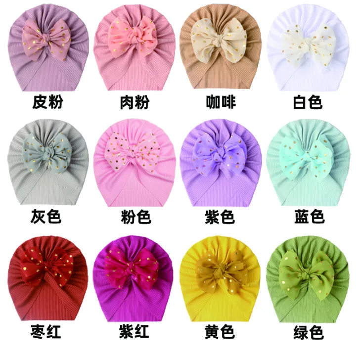 Solid Ribbed Turban Hat for Baby Boys Girls Chiffon Glod Dot Bowknot Beanies Infant Photo Props Newborn Caps Headwraps