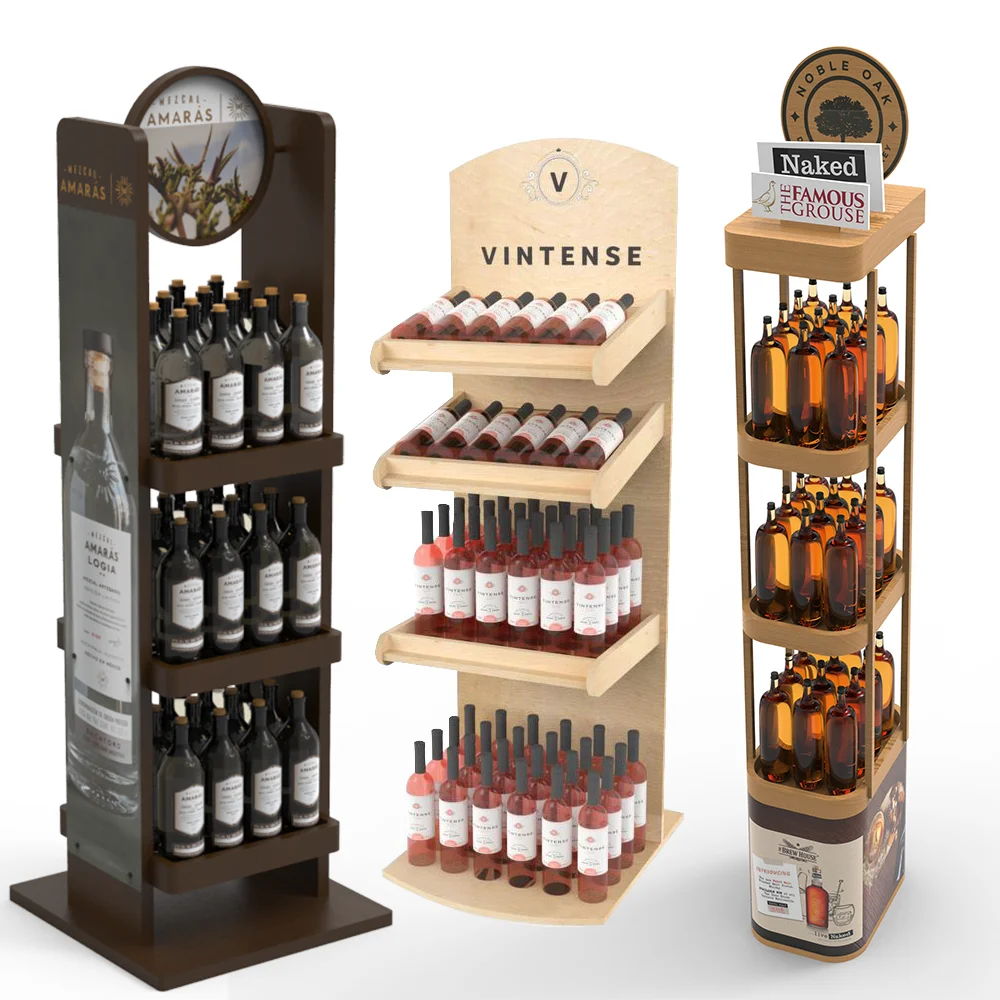 Hot Selling Modern Wooden Wine Display Shelf Floor Stand and Rack Customizable Logos for Store Display Stands