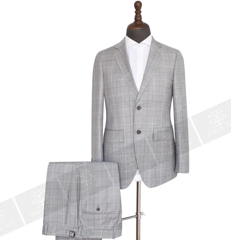 Grey Plaid  wool  Slim Fit Customized Latest Design Coat Pant Men Suits made in China factory
