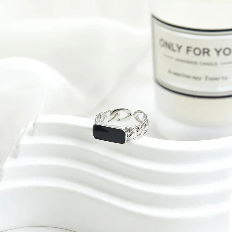 2024 Fashion Black Enamel Chunky Chain Ring Signet 925 Sterling Silver Ring Rectangle Statement Stamp Ring For Women