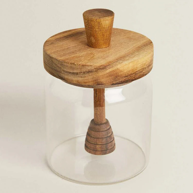 Beautiful Custom Wedding Favors Wood Lid 500ml 16oz Food Jam Honey Glass Storage Container Pot Bottle Jar with Wooden Dipper