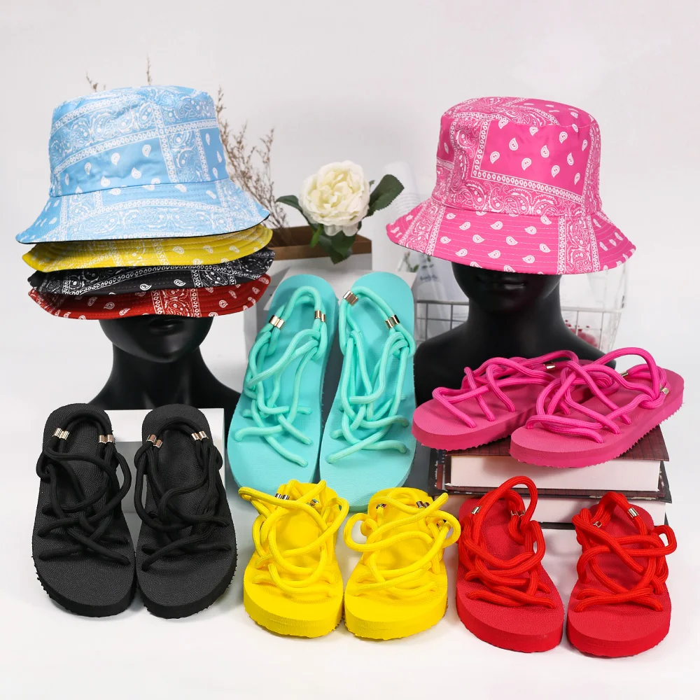 
2021 New Beach Shoes The Latest Net Red Collocation 5-Color Printed Cashew Flower Fisherman Hat And Twine Sandals Set 