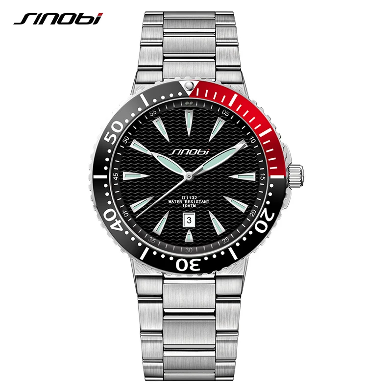 SINOBI Men Quartz Watch  Stainless Steel Watchband Luminous Pointer Analog Chronograph Calendar Wrist Watch Sports Men Watch