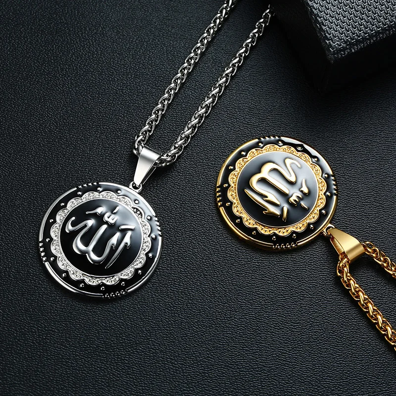 Wholesale Muslim Jewelry Stainless Steel gold necklace Zircon disc Pendant Customized Engraved Arabic Letter male necklace