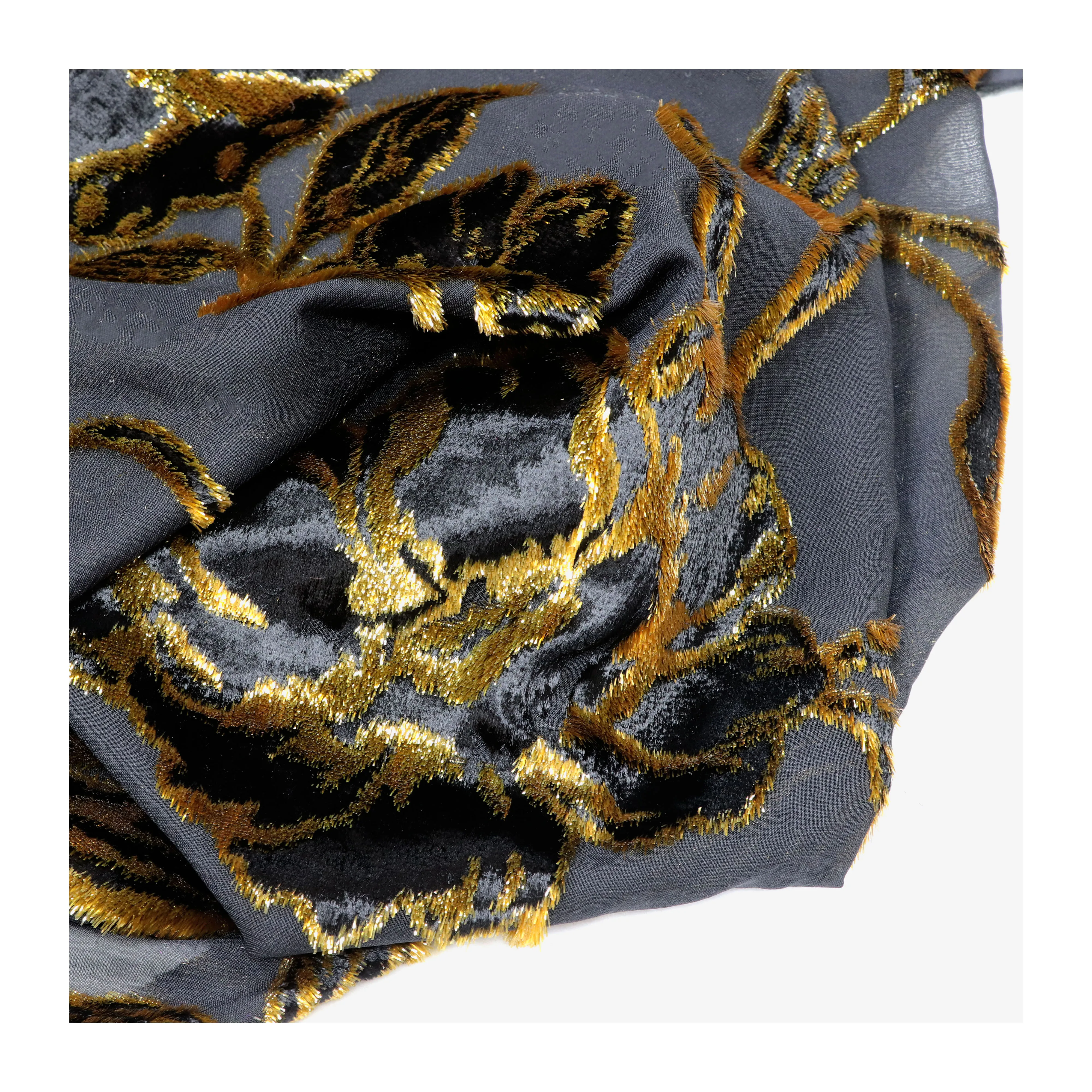 nylon viscose jacquard with metallic painted velvet width 140cm weight 180 gsm burn out design soft