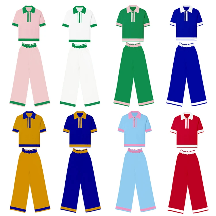 Women S Summer Sweater Set Matching Two Piece Casual Outfits Polo Kint Women Blouse And Sweater Shirt Set 2 Pieces Sweater Set