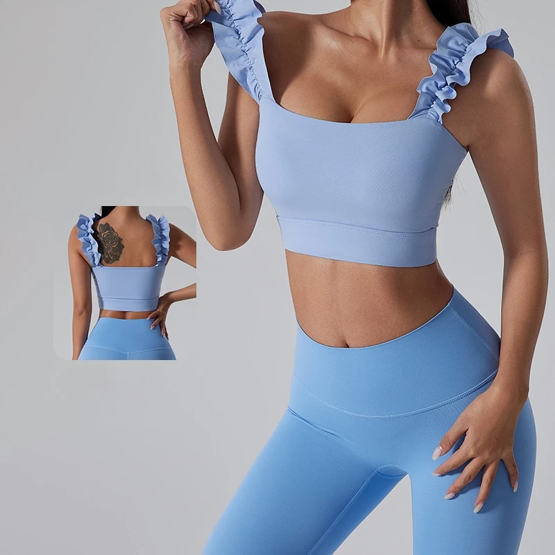 Aoyema Blue White Sexy Breathable Anti-Static Ruffle-trimmed Shoulder Straps Crop Top High Strength Sports Bra