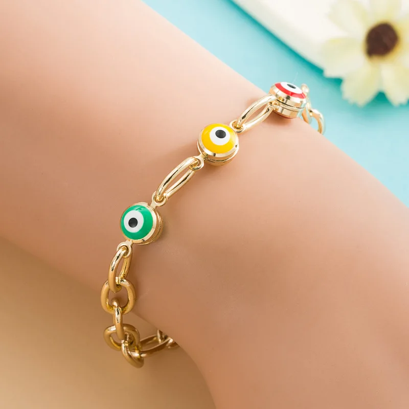 Hot Sale 14K Real Gold Plated Round Devil Eyes Women Bracelets Dripping Oil Love Heart Evil Eyes Figaro Chain Bracelet