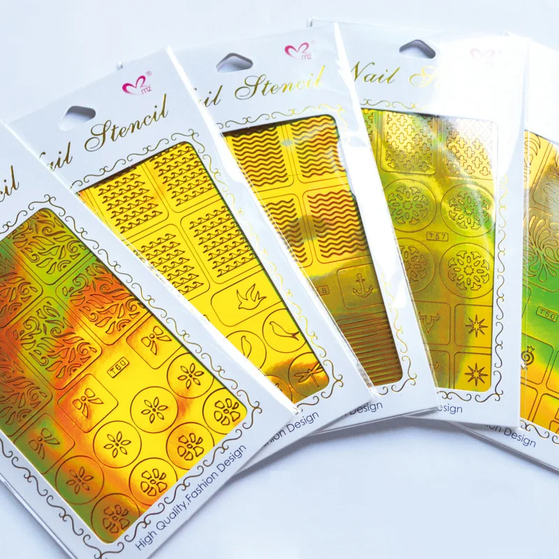 Wholesale Laser Gold Nail Stencil Decals for Manicure Decoration Adhesive Printing Templates Hollow Nail Art Stickers