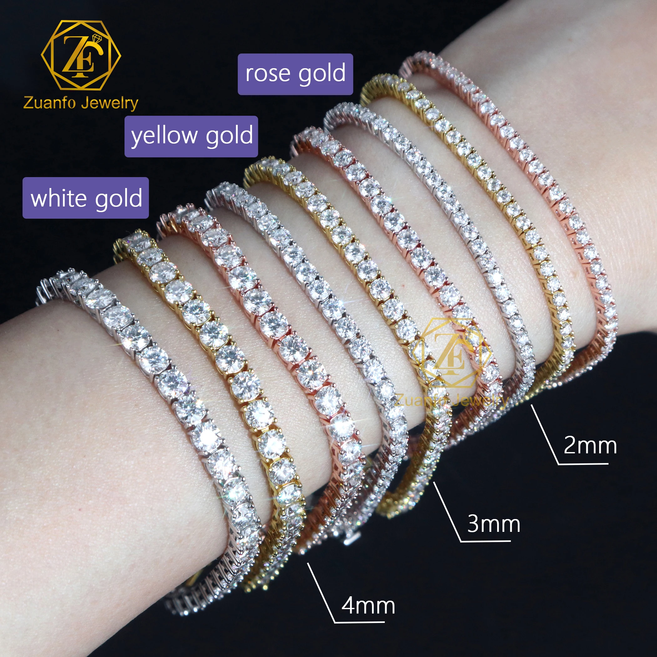 Trendy Tennis Bracelet Real 925 Silver Moissanite 2mm 3mm 4mm Chain with Round Brilliant Cut Diamond Black Rhodium Plating